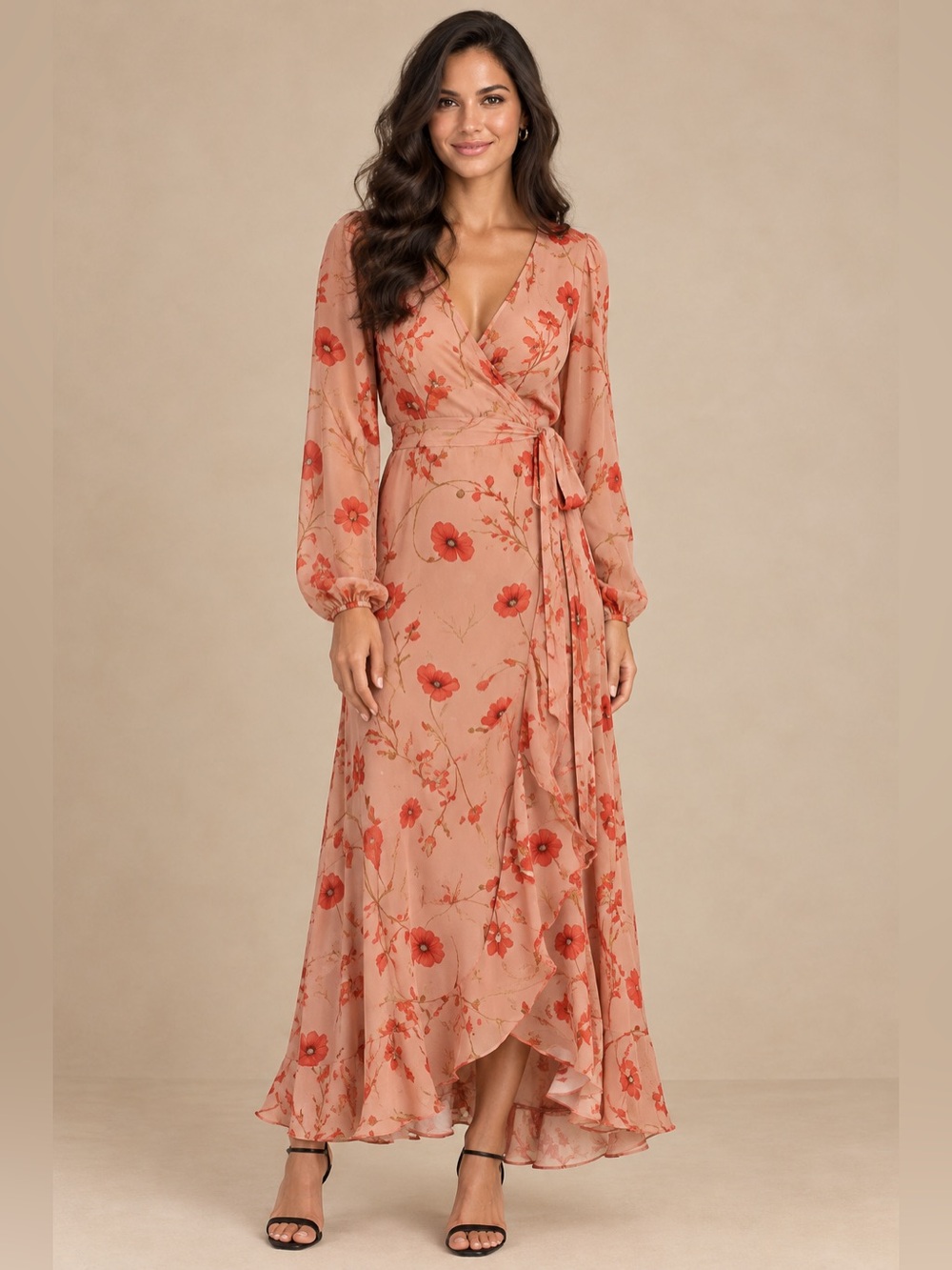 Johanna Ortiz x H&M Creped Wrap Front Maxi Dress in Beige Poppies Size Medium